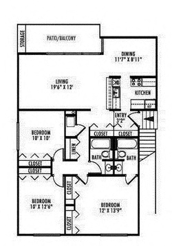Floor plan for 3 beds, 1 bath, 1142 sqft